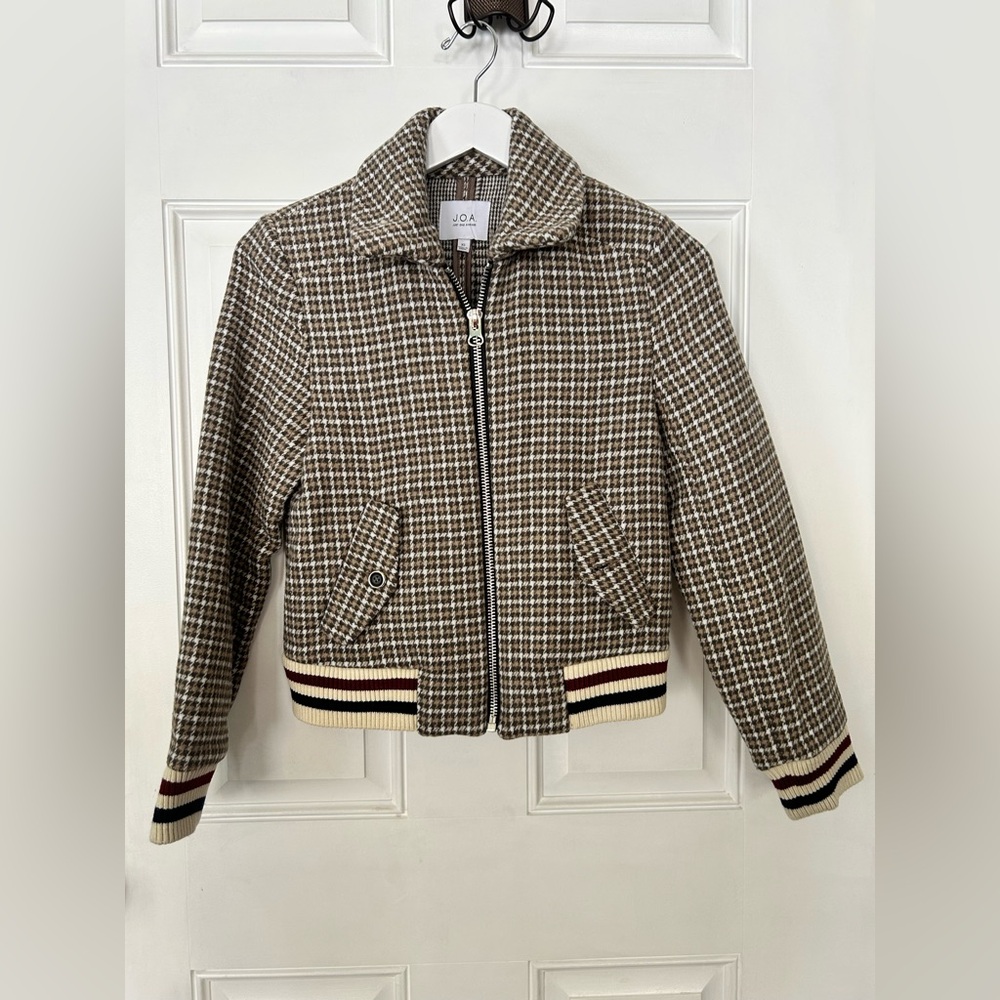 J.O.A. Brown Checkered Blazer with Striped Accents